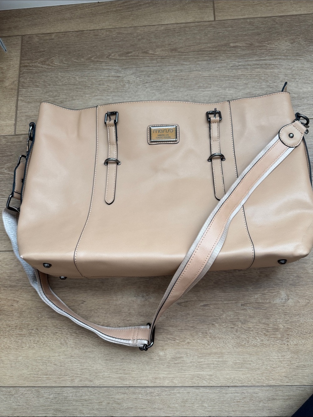 Nude Beige Faux Leather Shoulder Bag with Adjustable Strap